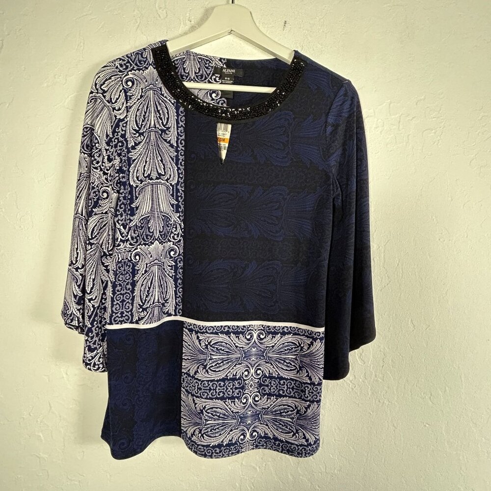 Alfani Womens Blue Patchwork Beaded Neck Tunic Top Petite Small Stretch New $69